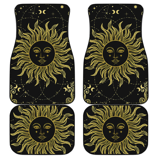 Black And Gold Celestial Sun Print Front and Back Car Floor Mats