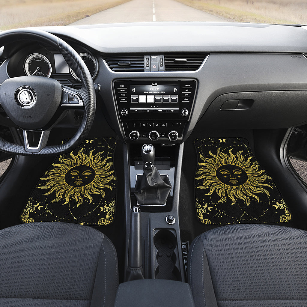 Black And Gold Celestial Sun Print Front and Back Car Floor Mats