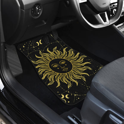 Black And Gold Celestial Sun Print Front and Back Car Floor Mats