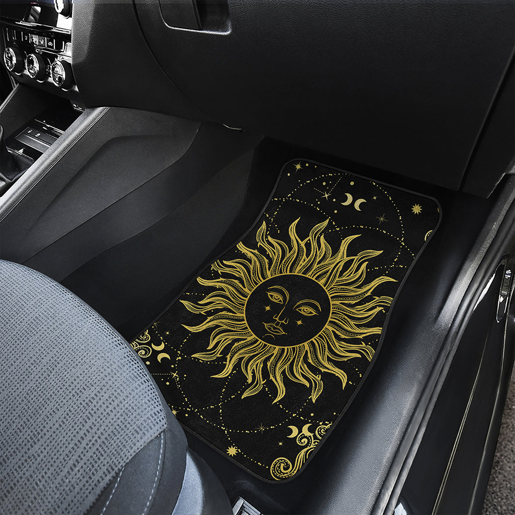 Black And Gold Celestial Sun Print Front and Back Car Floor Mats