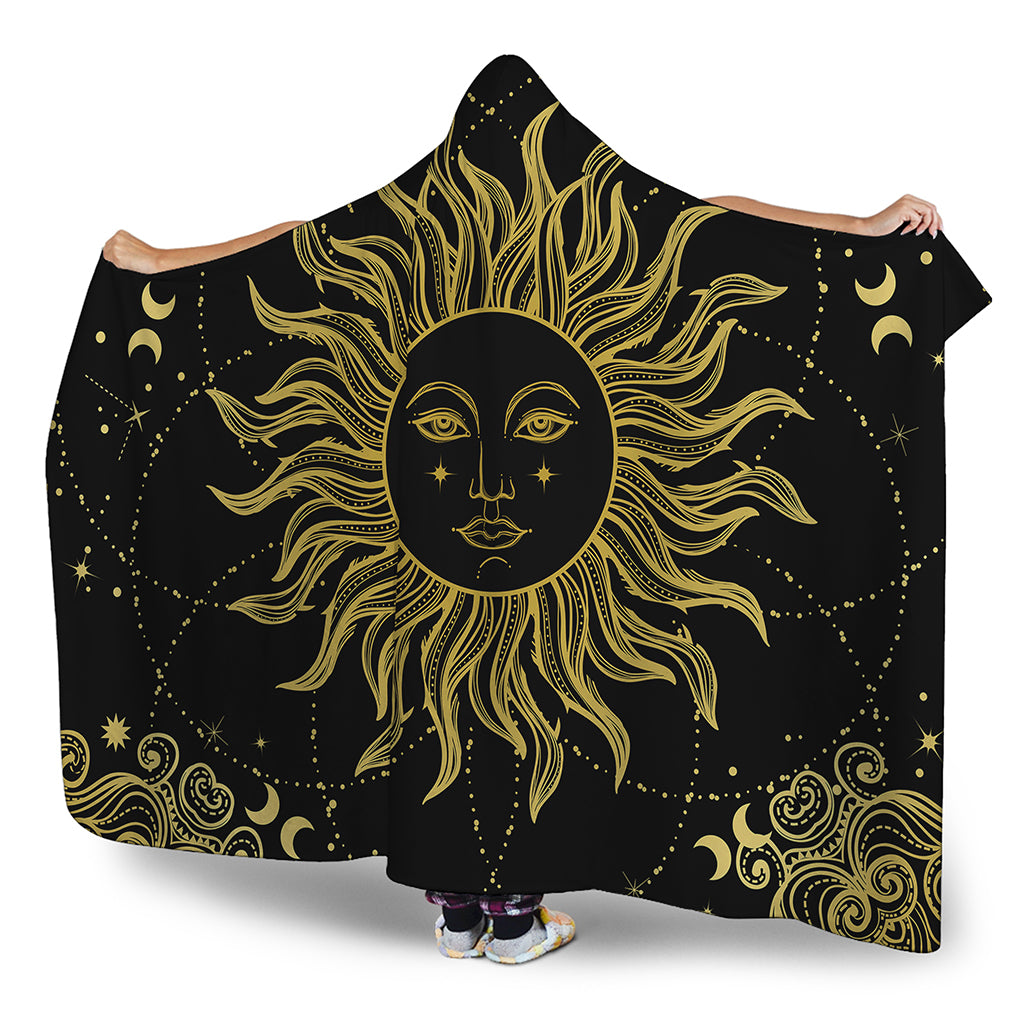 Black And Gold Celestial Sun Print Hooded Blanket