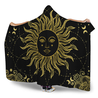Black And Gold Celestial Sun Print Hooded Blanket