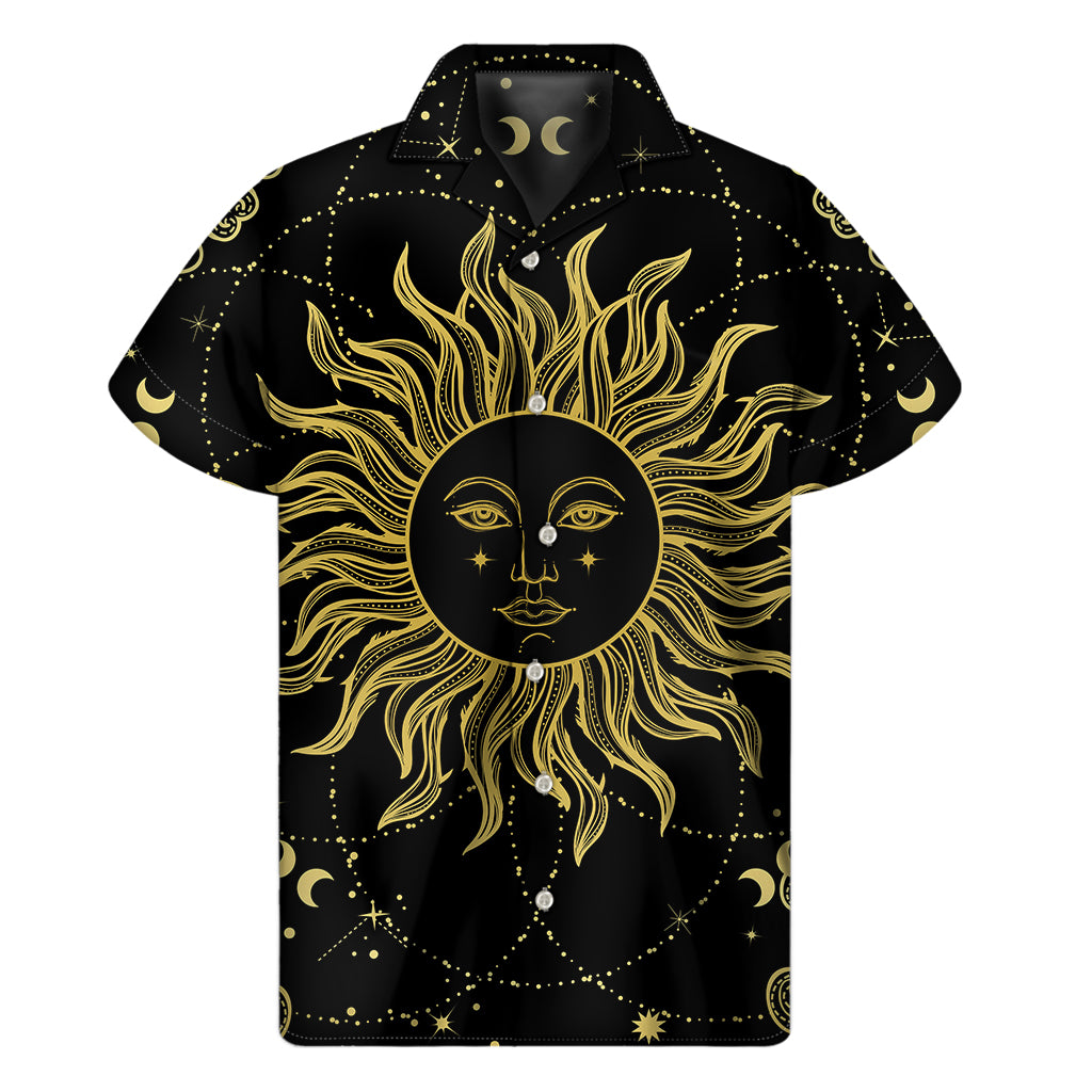 Black And Gold Celestial Sun Print Men's Short Sleeve Shirt
