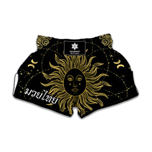 Black And Gold Celestial Sun Print Muay Thai Boxing Shorts