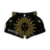 Black And Gold Celestial Sun Print Muay Thai Boxing Shorts