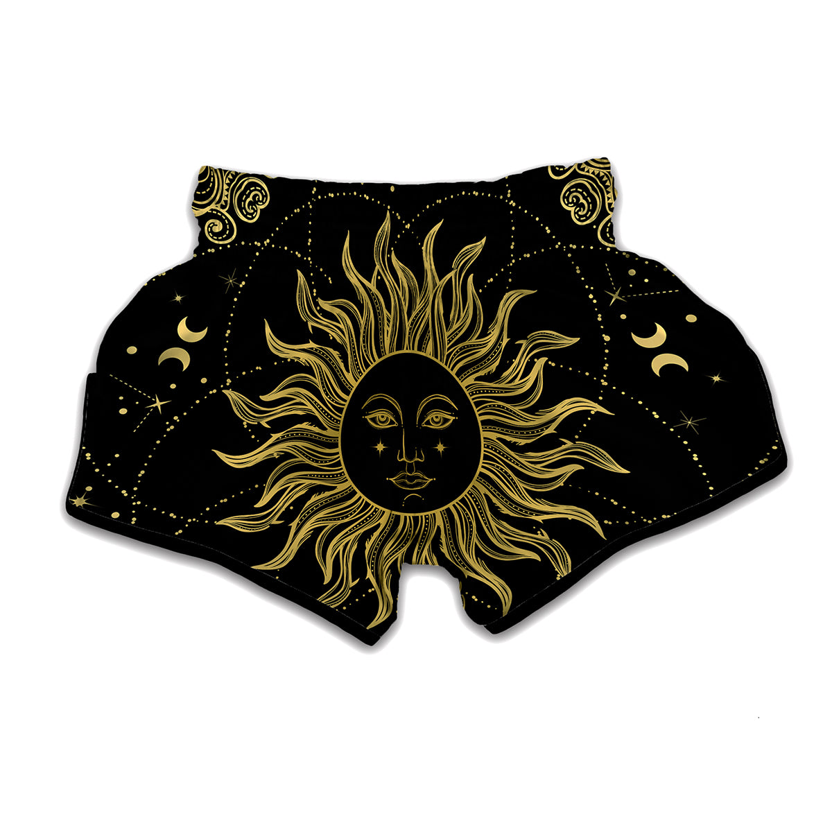 Black And Gold Celestial Sun Print Muay Thai Boxing Shorts