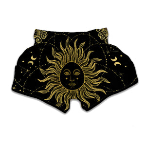 Black And Gold Celestial Sun Print Muay Thai Boxing Shorts