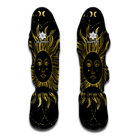 Black And Gold Celestial Sun Print Muay Thai Shin Guard