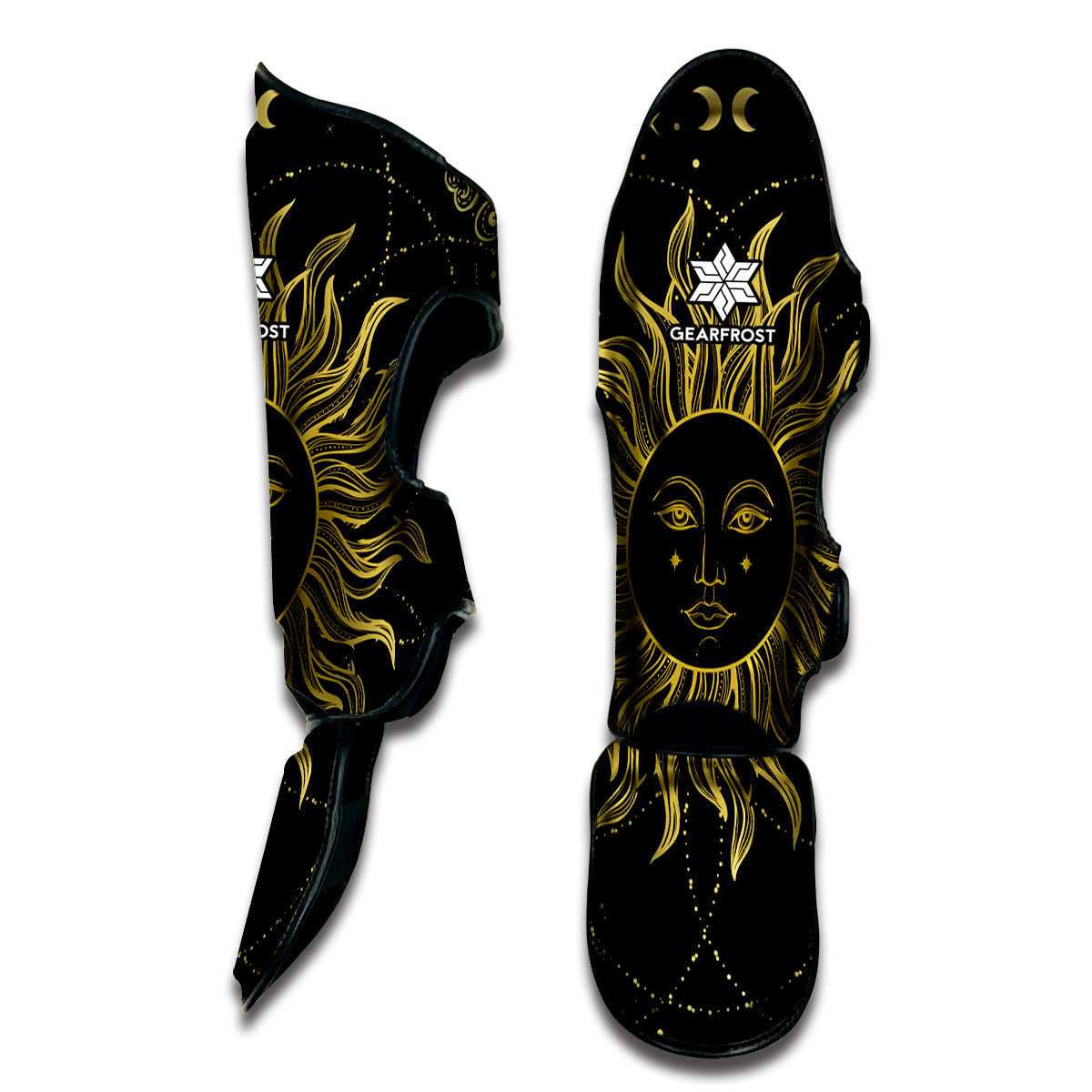 Black And Gold Celestial Sun Print Muay Thai Shin Guard
