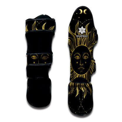 Black And Gold Celestial Sun Print Muay Thai Shin Guard