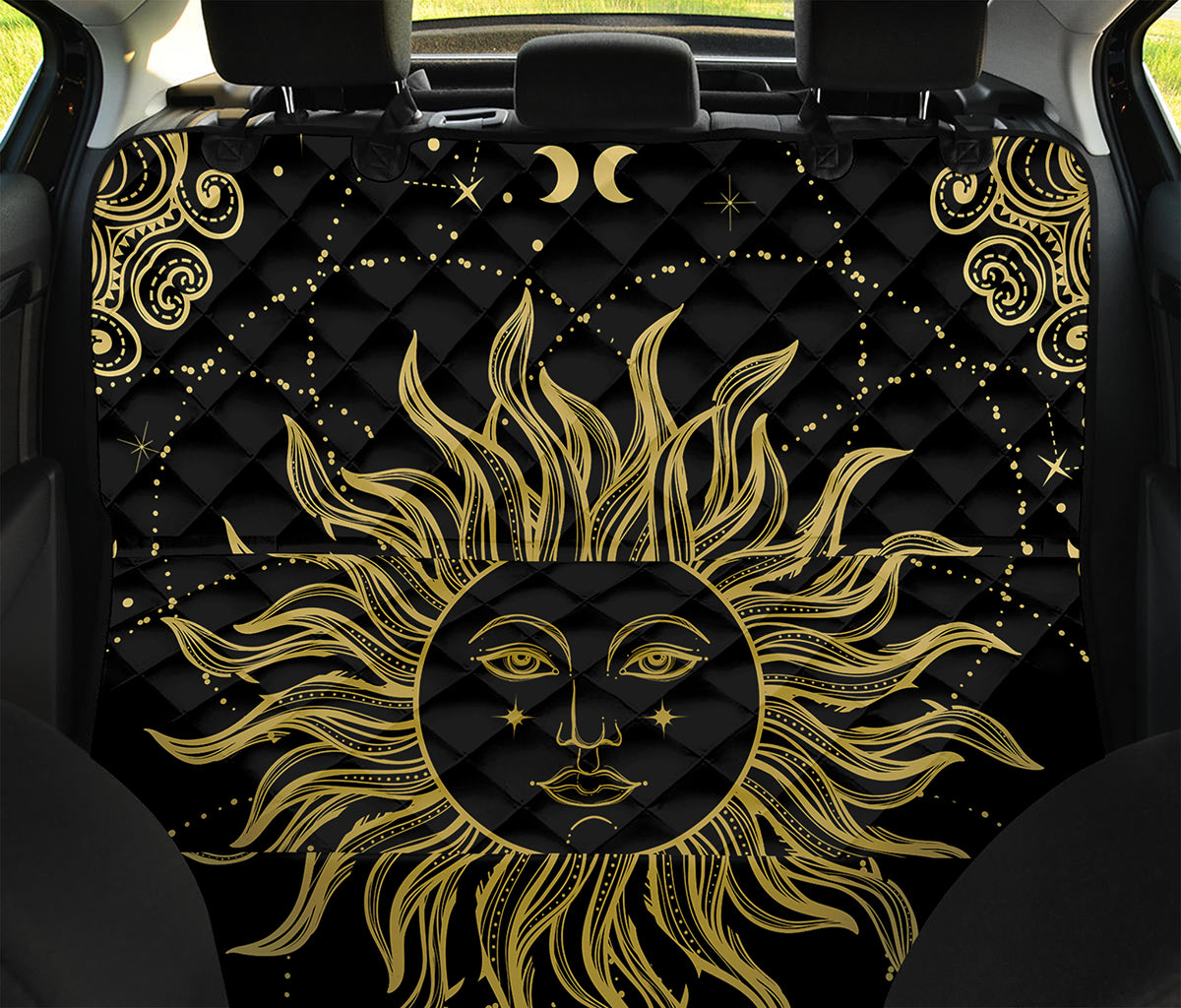 Black And Gold Celestial Sun Print Pet Car Back Seat Cover