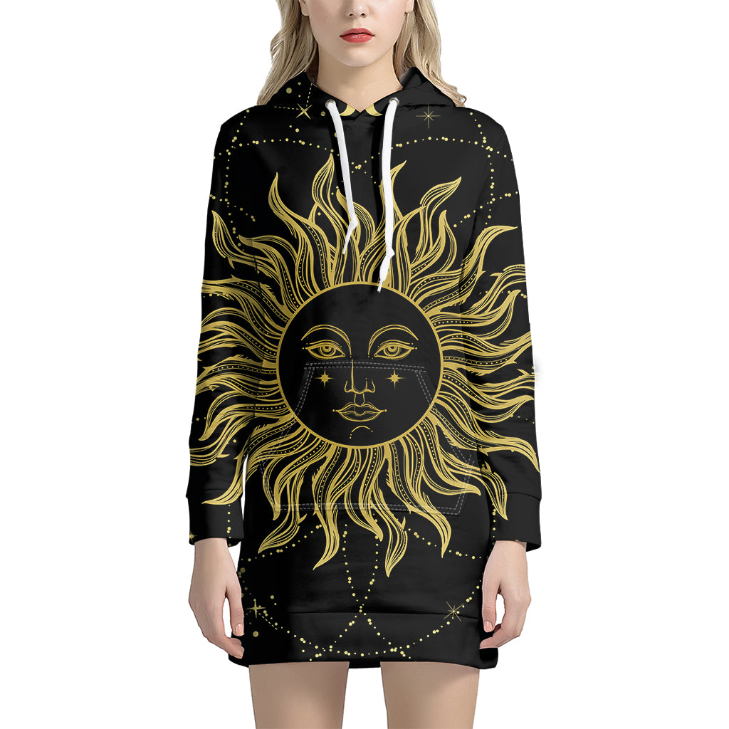 Black And Gold Celestial Sun Print Pullover Hoodie Dress