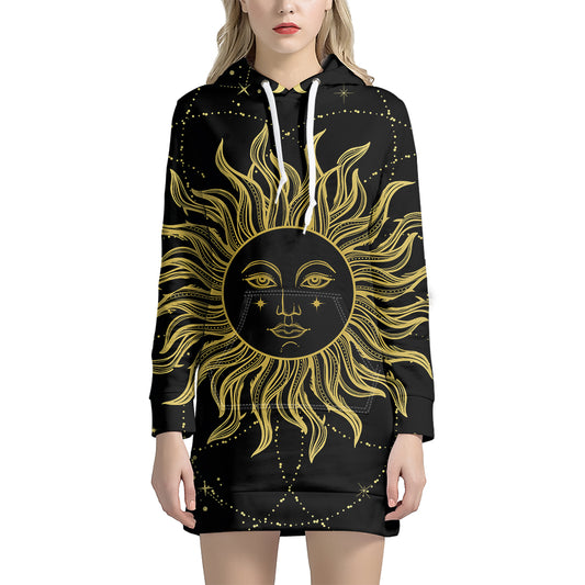 Black And Gold Celestial Sun Print Pullover Hoodie Dress