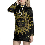 Black And Gold Celestial Sun Print Pullover Hoodie Dress