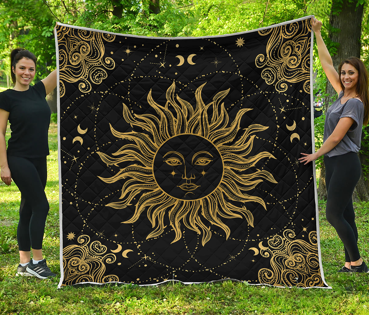 Black And Gold Celestial Sun Print Quilt