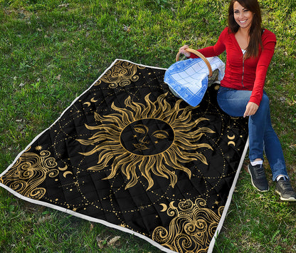 Black And Gold Celestial Sun Print Quilt