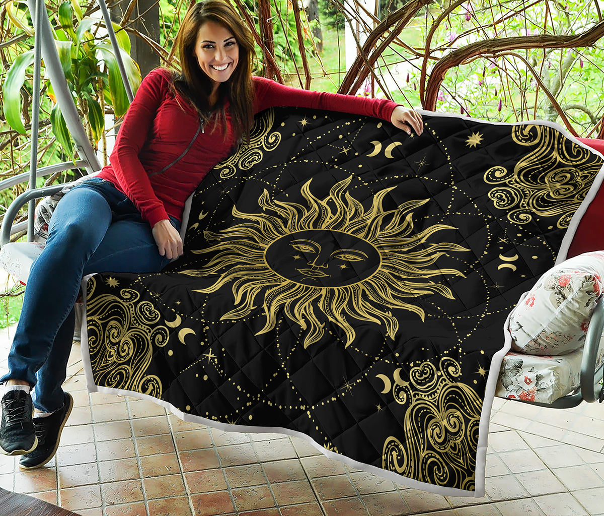 Black And Gold Celestial Sun Print Quilt