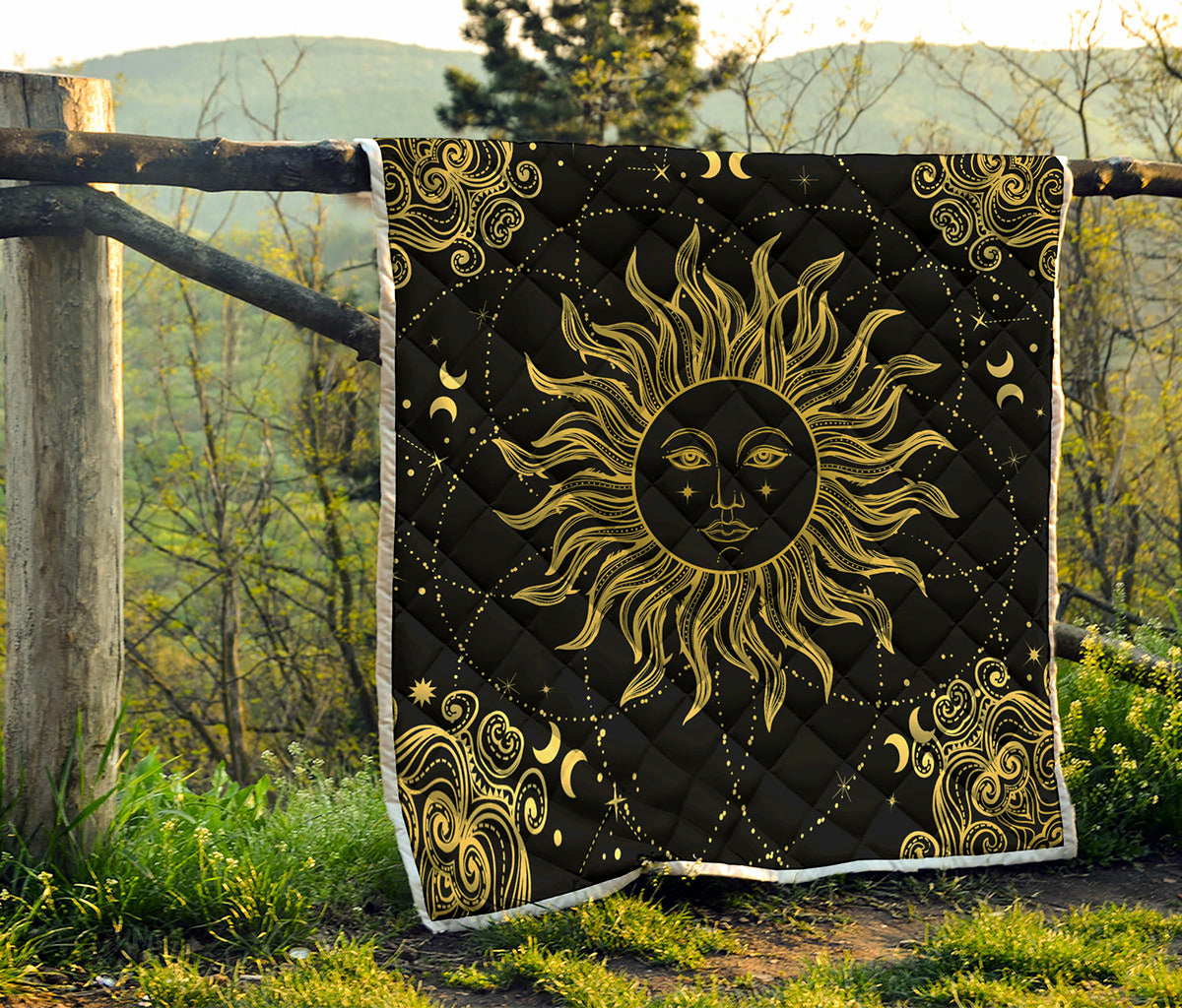 Black And Gold Celestial Sun Print Quilt
