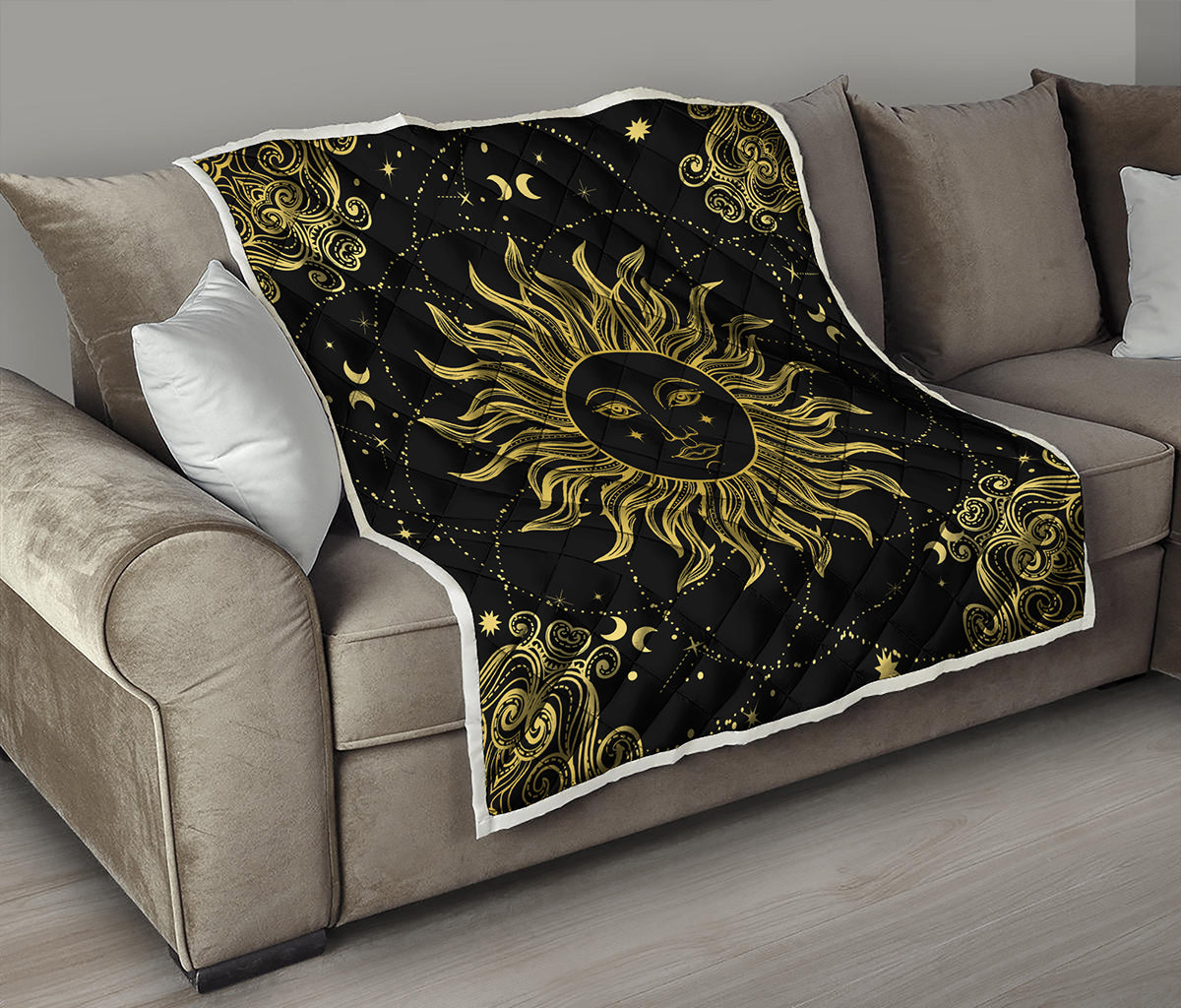 Black And Gold Celestial Sun Print Quilt