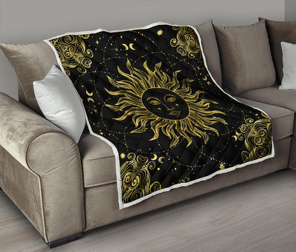 Black And Gold Celestial Sun Print Quilt