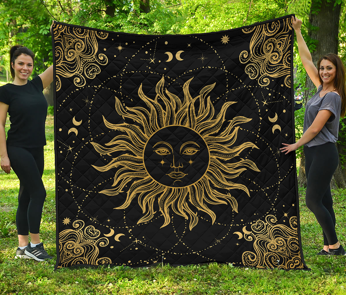 Black And Gold Celestial Sun Print Quilt