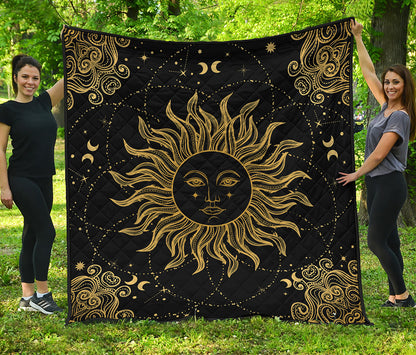 Black And Gold Celestial Sun Print Quilt