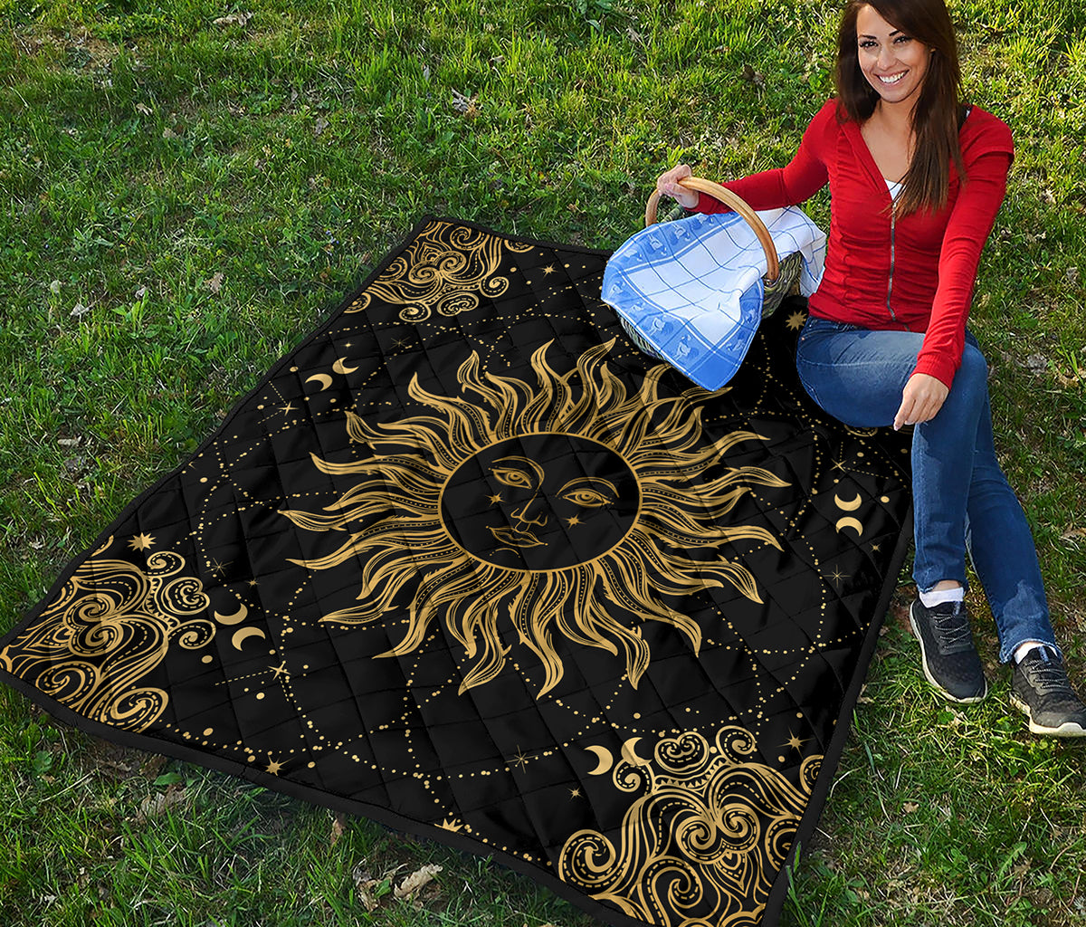 Black And Gold Celestial Sun Print Quilt