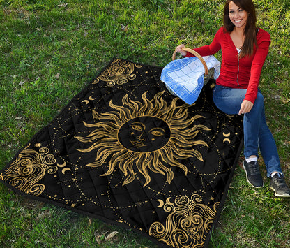 Black And Gold Celestial Sun Print Quilt
