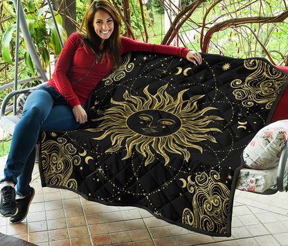 Black And Gold Celestial Sun Print Quilt