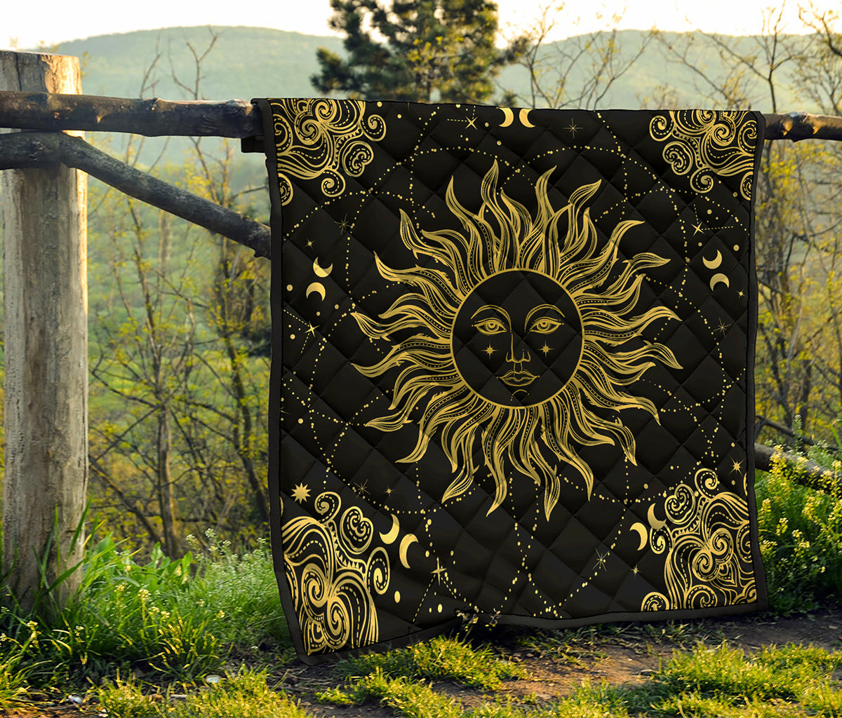 Black And Gold Celestial Sun Print Quilt