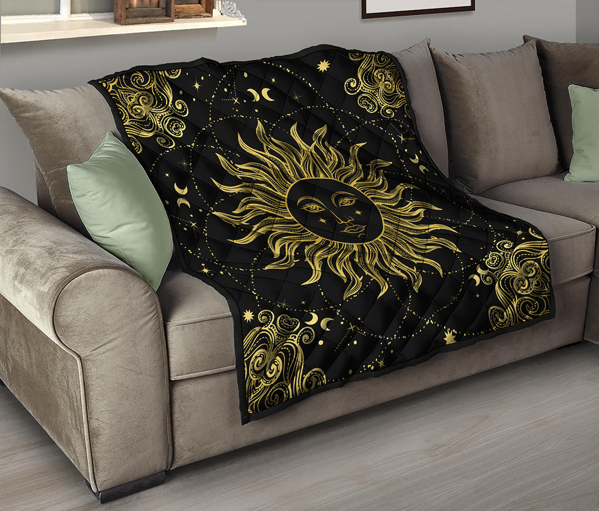 Black And Gold Celestial Sun Print Quilt