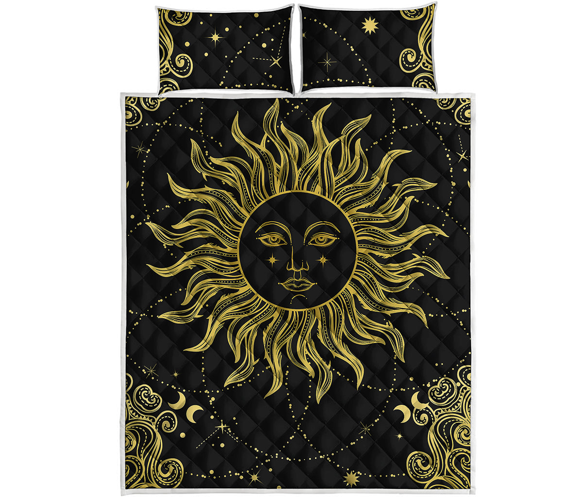 Black And Gold Celestial Sun Print Quilt Bed Set