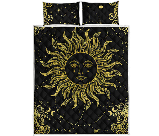 Black And Gold Celestial Sun Print Quilt Bed Set