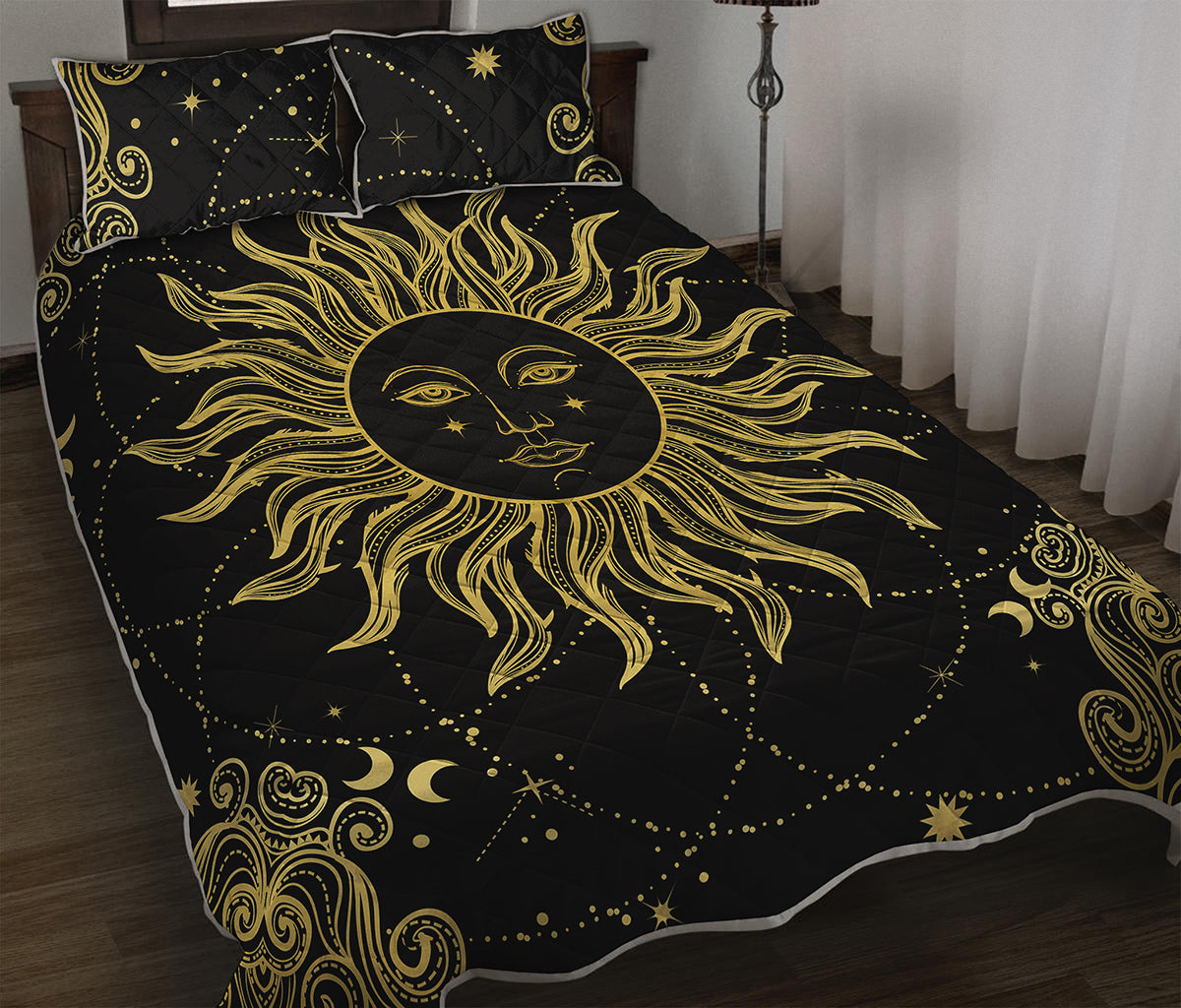 Black And Gold Celestial Sun Print Quilt Bed Set