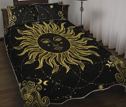 Black And Gold Celestial Sun Print Quilt Bed Set