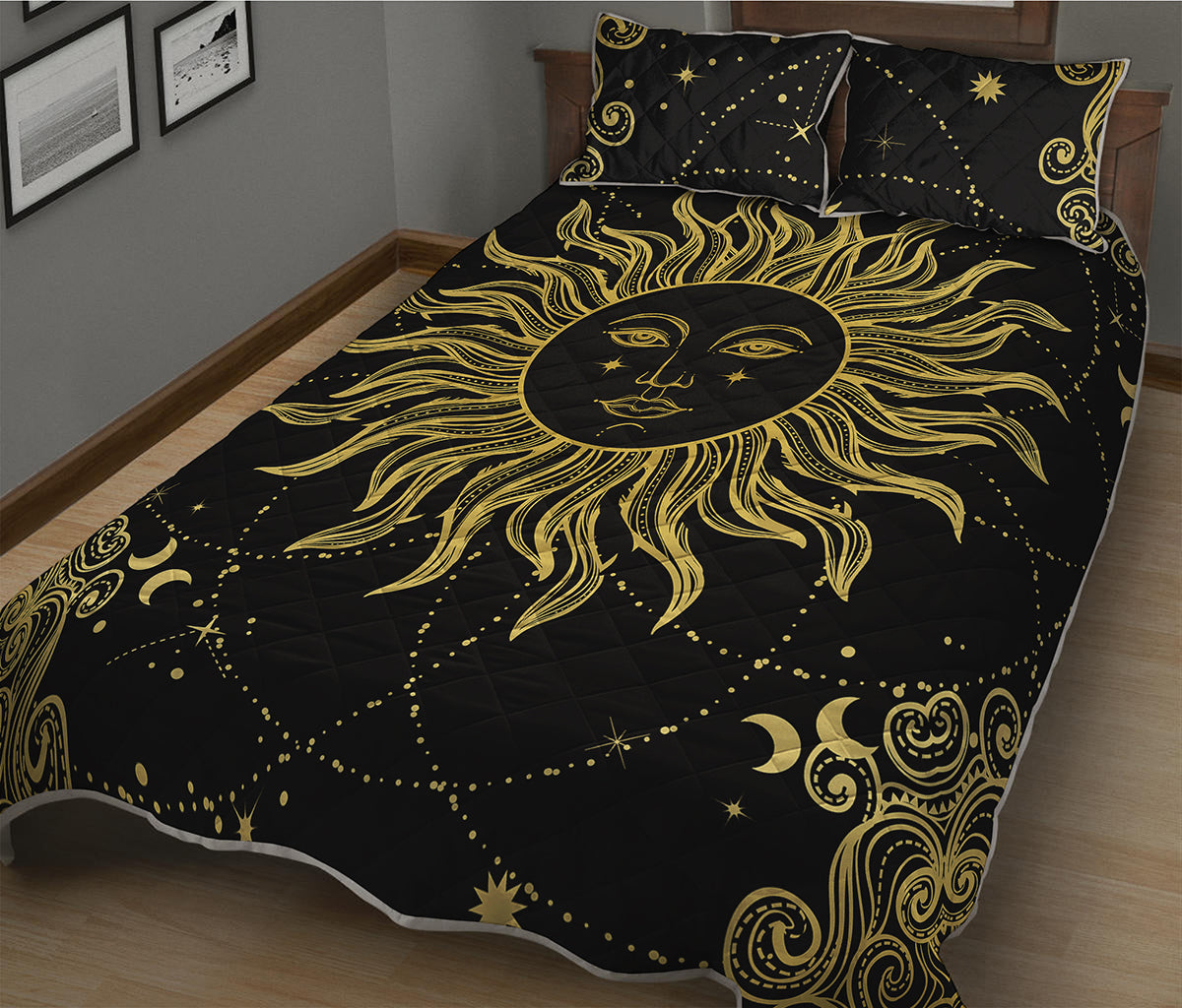 Black And Gold Celestial Sun Print Quilt Bed Set