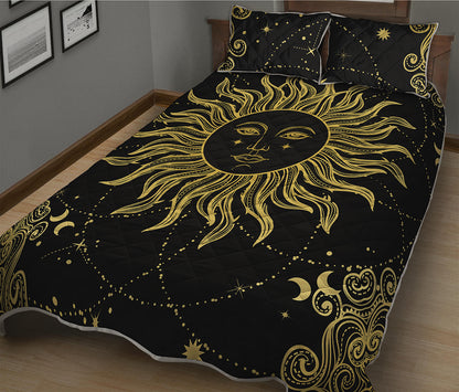 Black And Gold Celestial Sun Print Quilt Bed Set