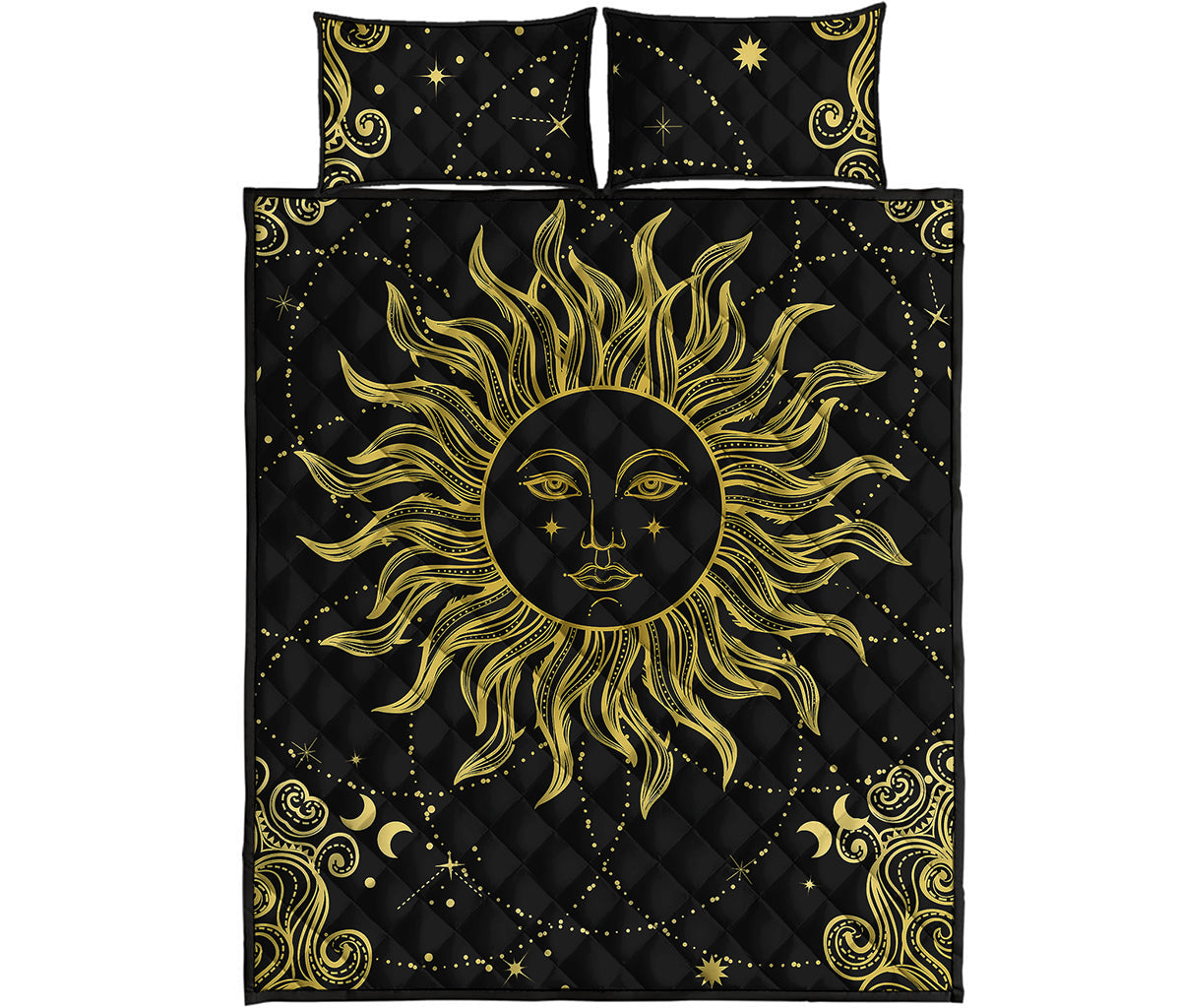 Black And Gold Celestial Sun Print Quilt Bed Set