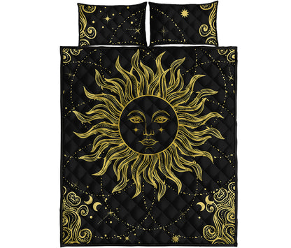 Black And Gold Celestial Sun Print Quilt Bed Set
