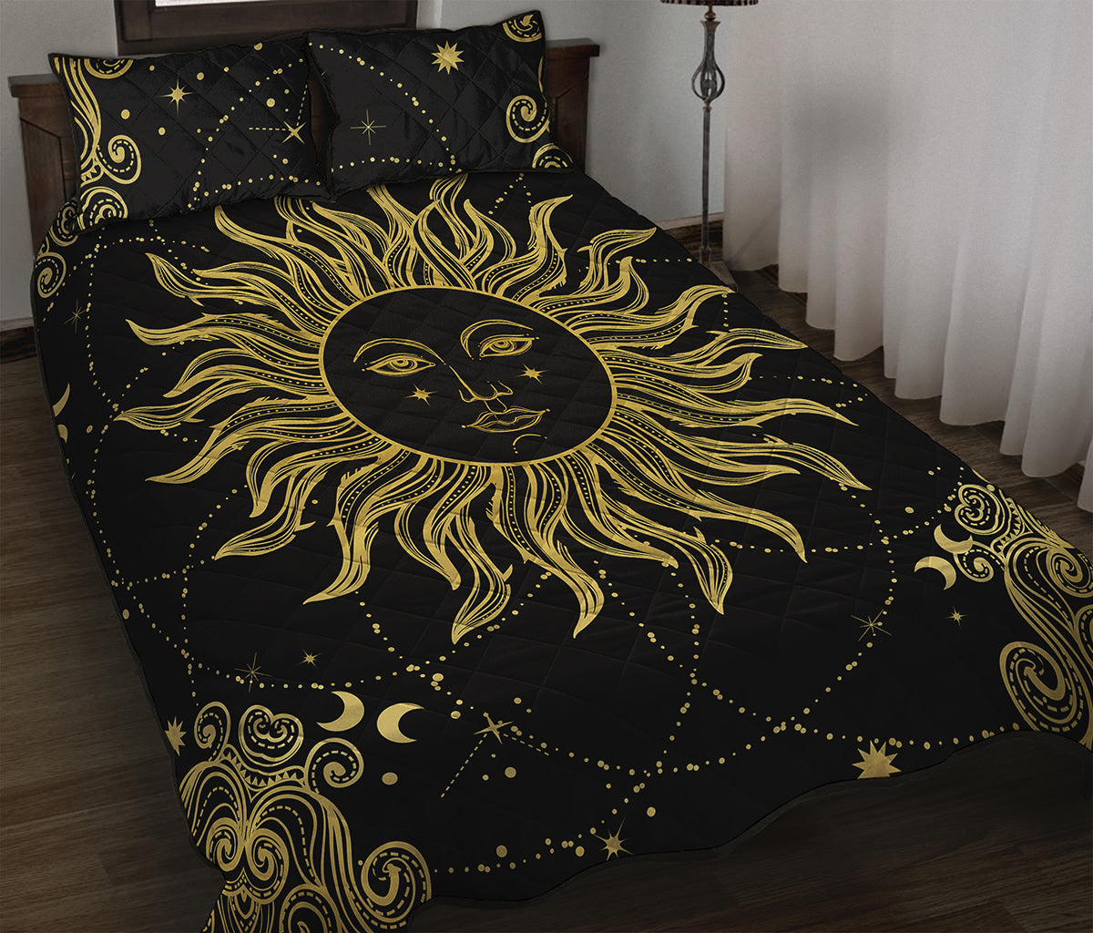 Black And Gold Celestial Sun Print Quilt Bed Set