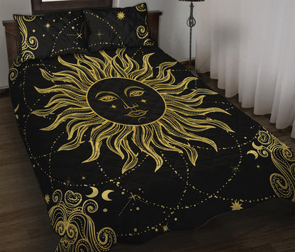 Black And Gold Celestial Sun Print Quilt Bed Set