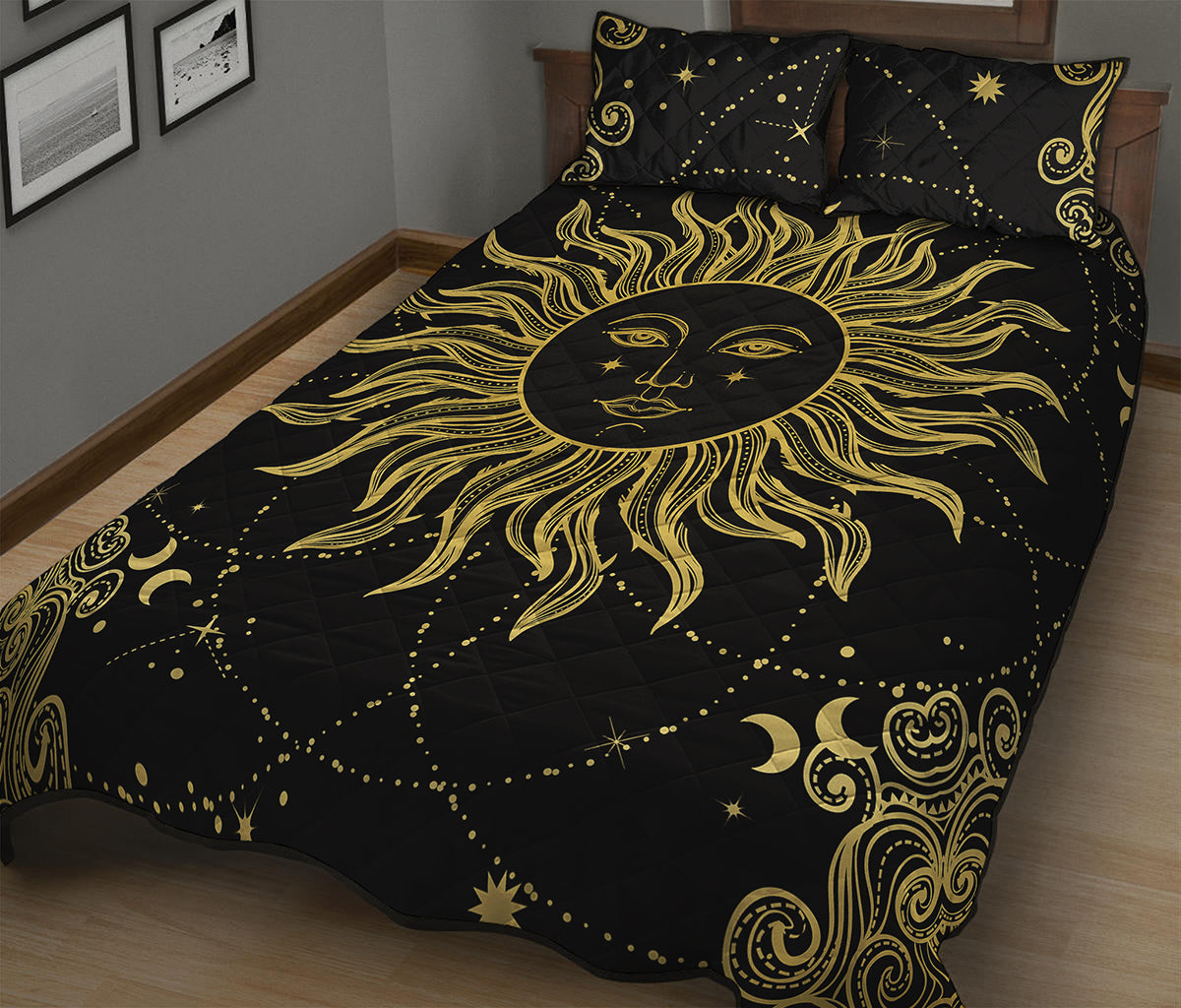 Black And Gold Celestial Sun Print Quilt Bed Set