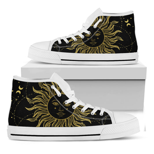 Black And Gold Celestial Sun Print White High Top Shoes
