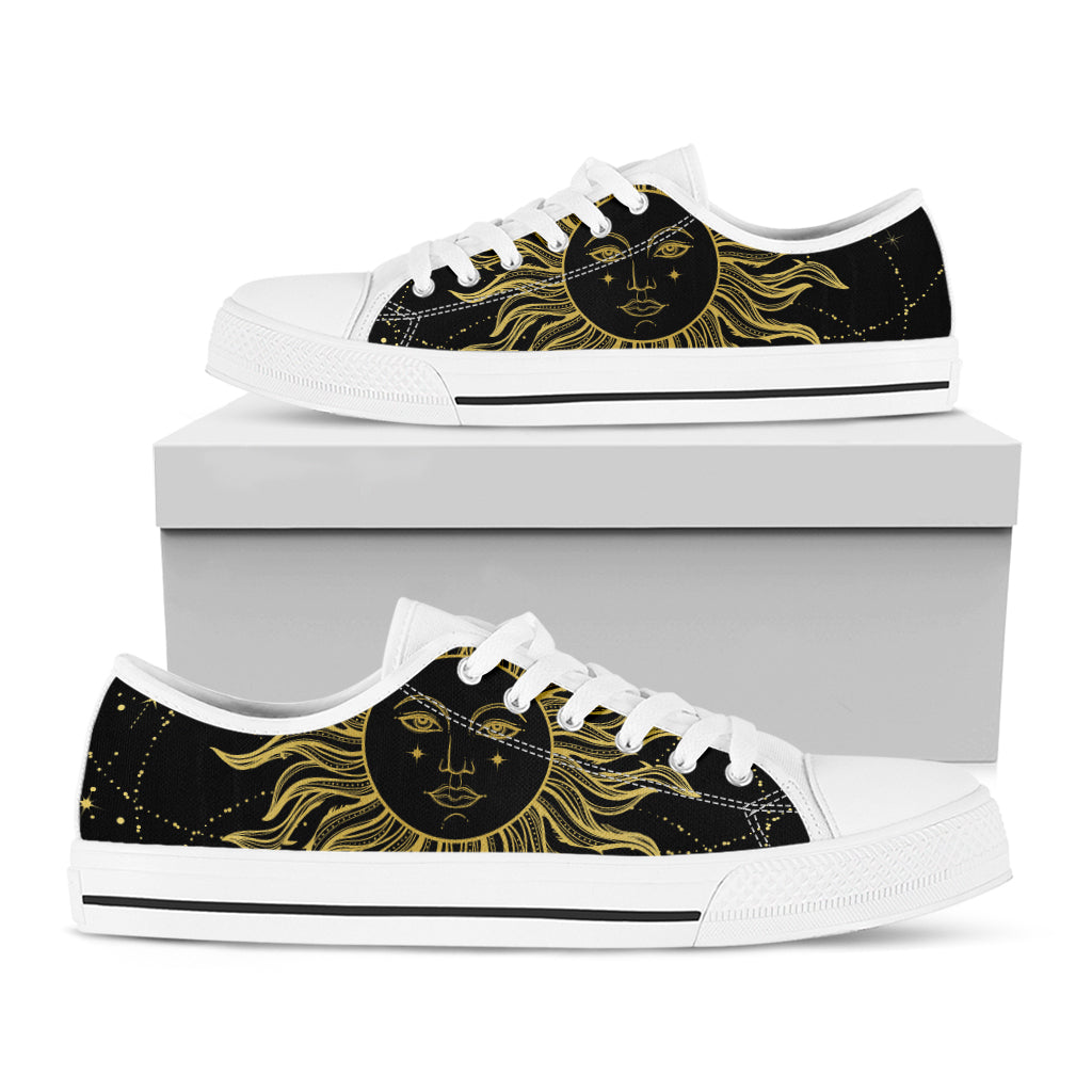 Black And Gold Celestial Sun Print White Low Top Shoes