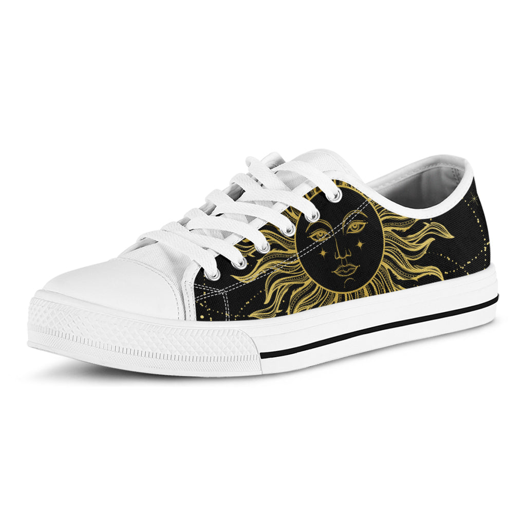 Black And Gold Celestial Sun Print White Low Top Shoes