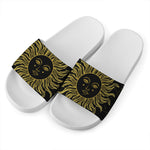 Black And Gold Celestial Sun Print White Slide Sandals