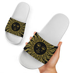 Black And Gold Celestial Sun Print White Slide Sandals