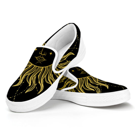 Black And Gold Celestial Sun Print White Slip On Shoes