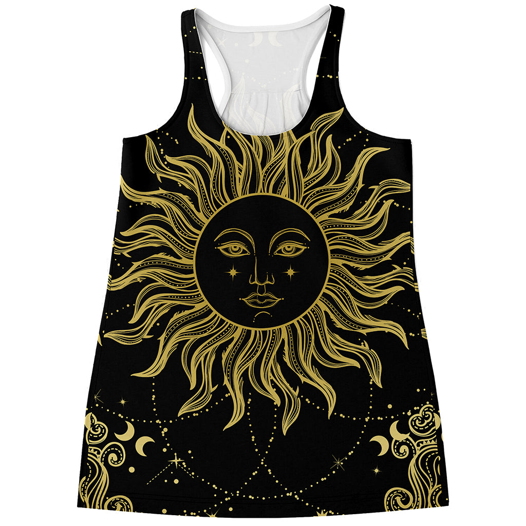 Black And Gold Celestial Sun Print Women's Racerback Tank Top