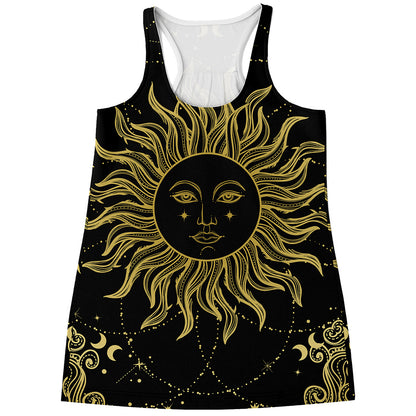 Black And Gold Celestial Sun Print Women's Racerback Tank Top